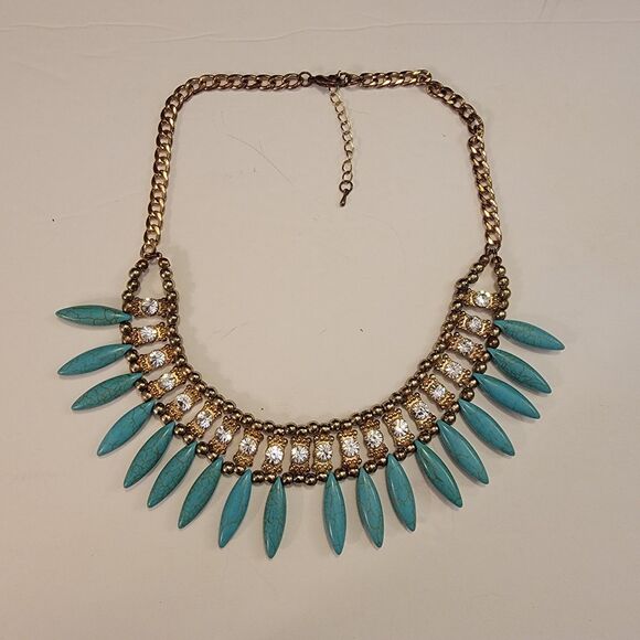 Unbranded Jewelry - Howlite (Faux Turquoise) and Goldtone With Rhinestone Bib Statement Necklace